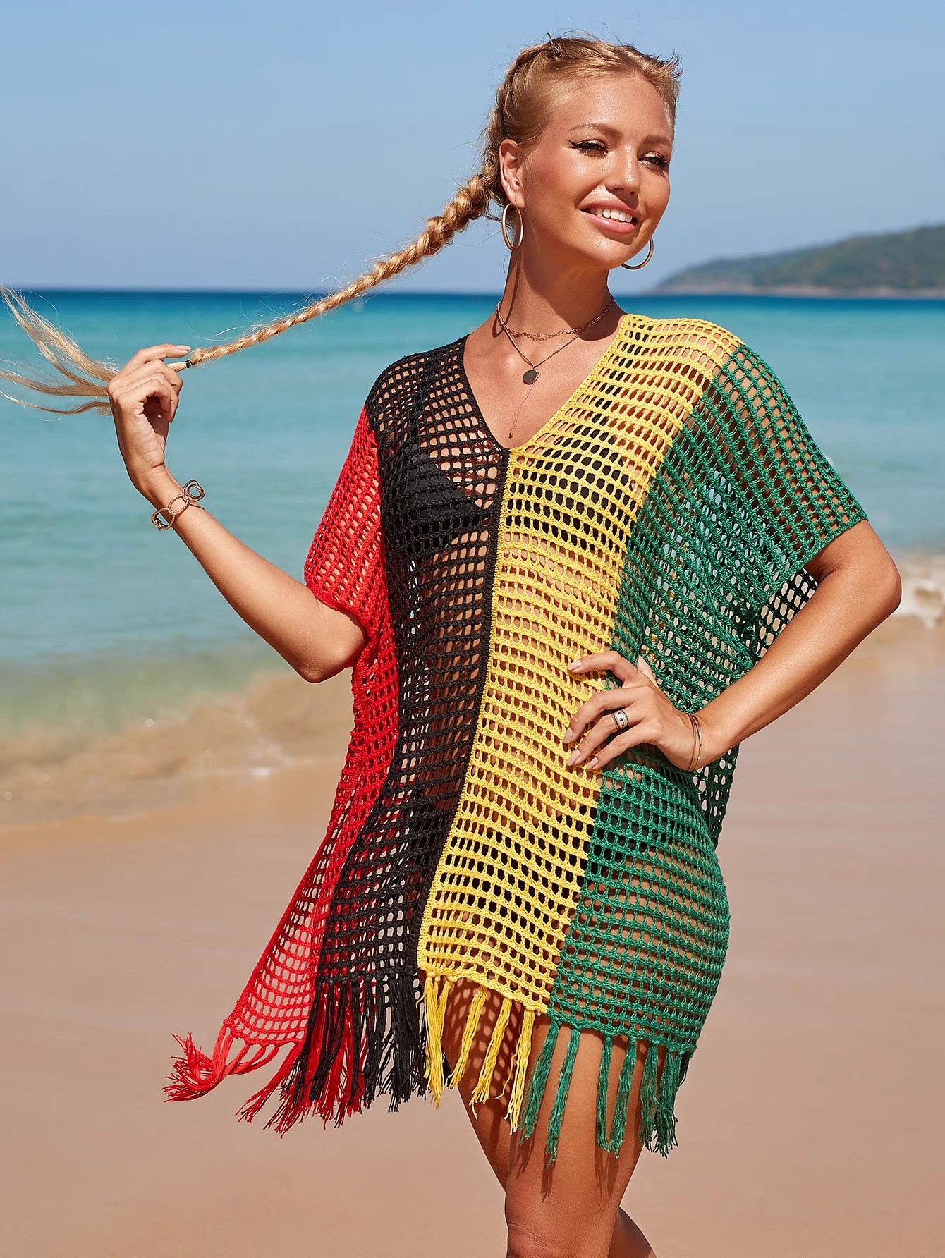 New color contrast sexy loose set head V-neck fringe hollowed out swimsuit coat smock bikini coat