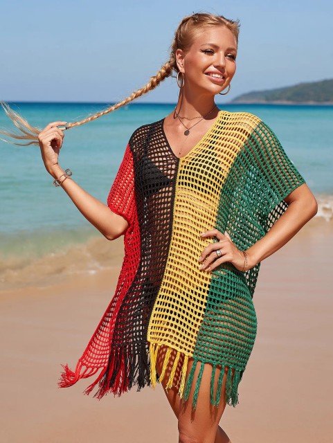 New color contrast sexy loose set head V-neck fringe hollowed out swimsuit coat smock bikini coat