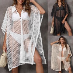 Beach smock Beach vacation Euro-American grid shirt collar loose hollow-out cardigan bikini cover skirt swimsuit smock