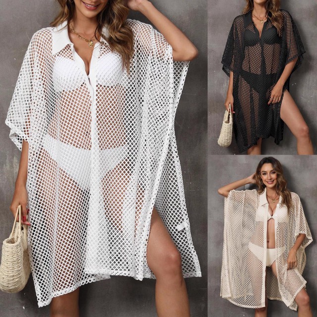 Beach smock Beach vacation Euro-American grid shirt collar loose hollow-out cardigan bikini cover skirt swimsuit smock