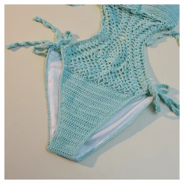 Short knit halter sexy U-neck hollowed-out split dress hot spring beach cover skirt swimsuit bikini skirt