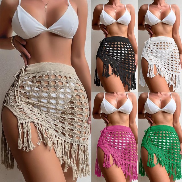 2023 sexy holiday hollowed-out knit skirt split fringe swimsuit skirt beach cover skirt bikini cover skirt