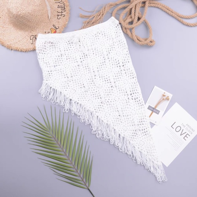 Sexy see-through cut-out hand hook knitted bikini skirt with open diagonal fringe beach skirt