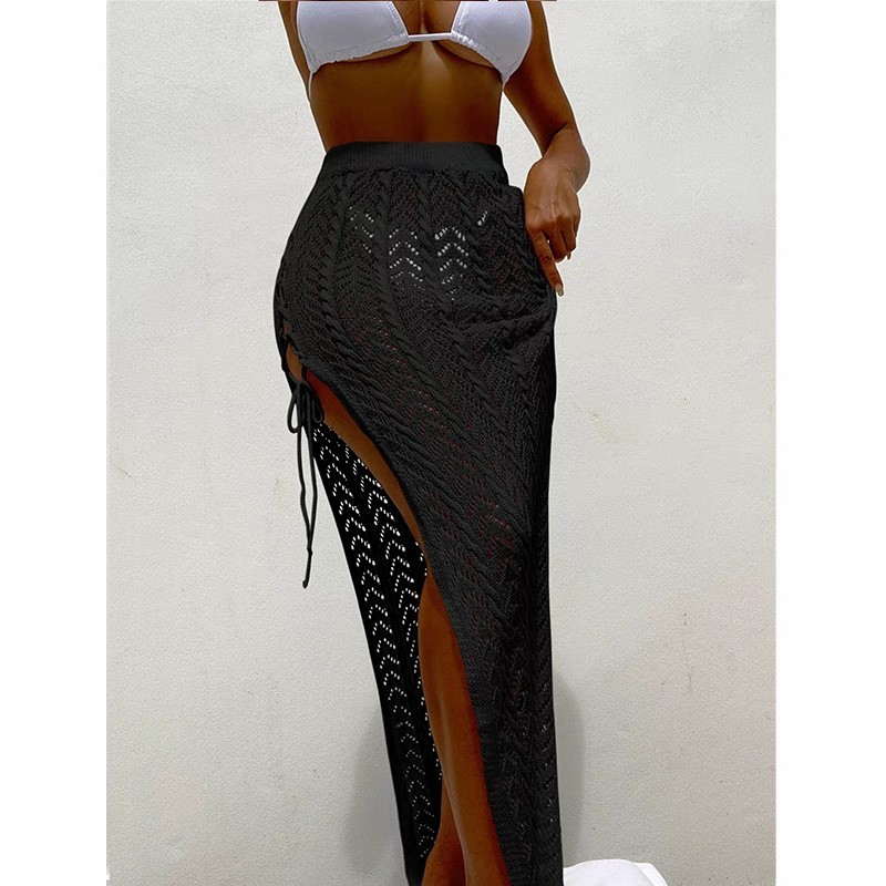 Bikini cover skirt Sexy hollow lace knit split holiday long skirt sunblock beach cover skirt