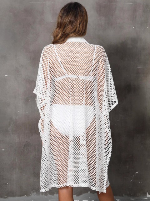 Beach smock Beach vacation Euro-American grid shirt collar loose hollow-out cardigan bikini cover skirt swimsuit smock