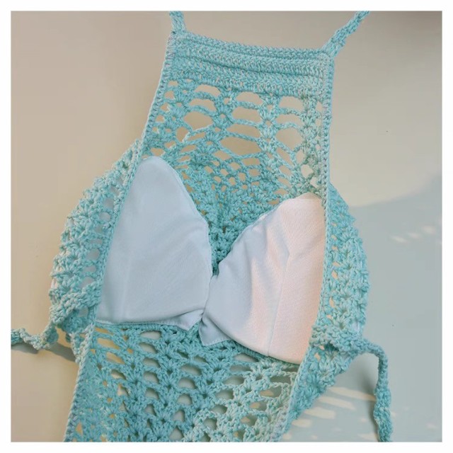 Short knit halter sexy U-neck hollowed-out split dress hot spring beach cover skirt swimsuit bikini skirt