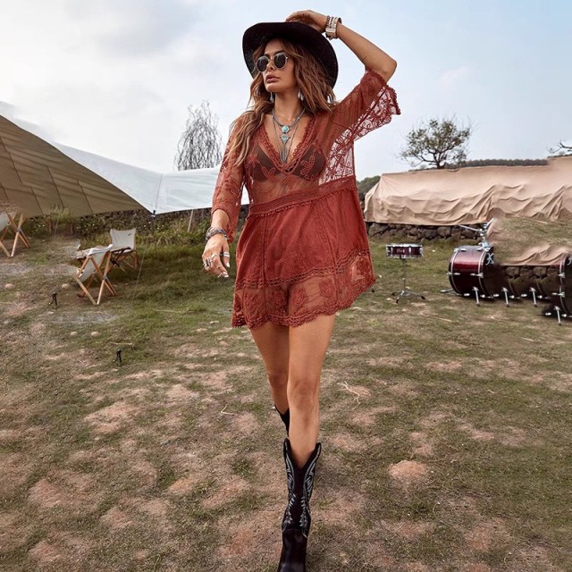 Hot spring Travel Sun protection sexy lace beach swimsuit vacation smock dress over a bikini smock