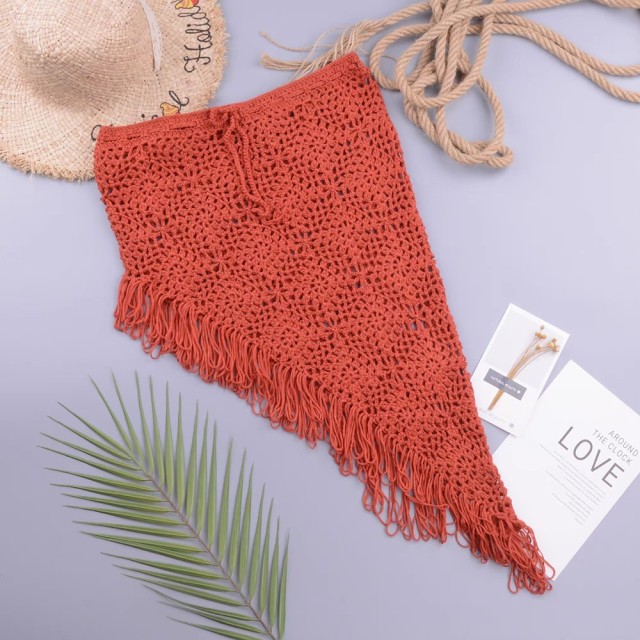 Sexy see-through cut-out hand hook knitted bikini skirt with open diagonal fringe beach skirt
