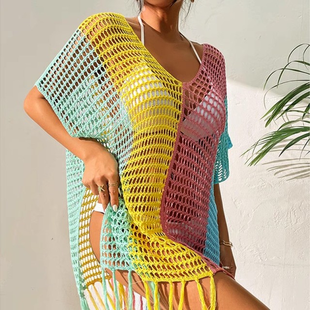 New color contrast sexy loose set head V-neck fringe hollowed out swimsuit coat smock bikini coat