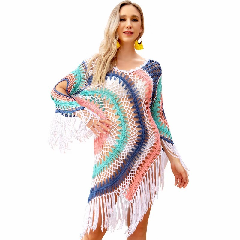 Sun protection beach boho retro cut-out bathing suit over a smock beach bikini cover skirt