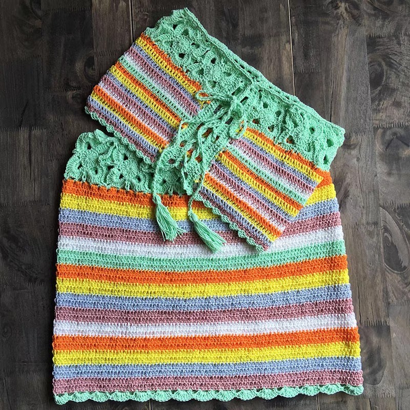 Seaside resort colorful striped split swimsuit skirt Beach hand hook knit bikini set