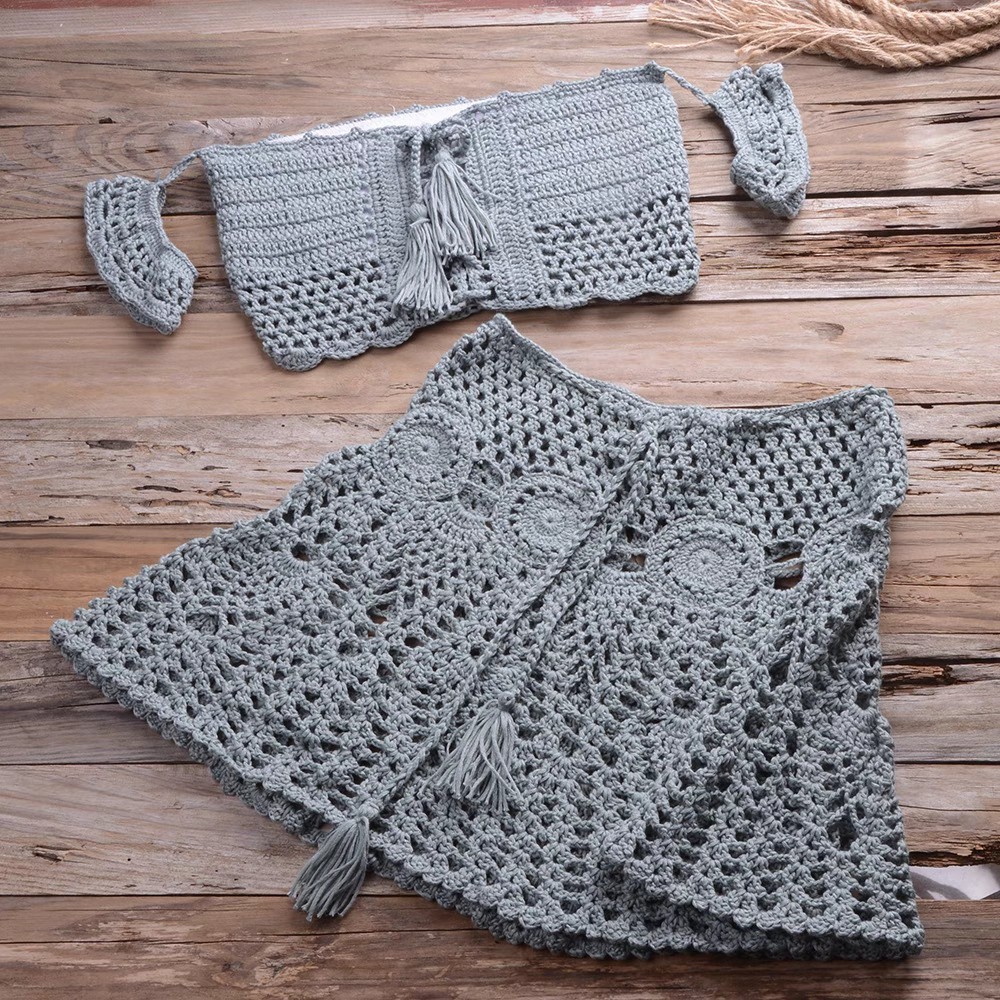Vacation sexy two-piece swimsuit women's short skirt fringe two-piece beach hand-knitted bikini set