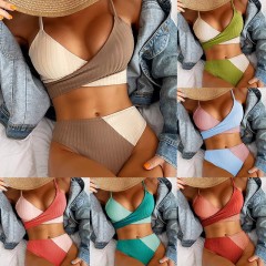 Black pit strip cross strap color matching push-up two-piece swimsuit women's skinny-looking bikini hot spring swimming suit