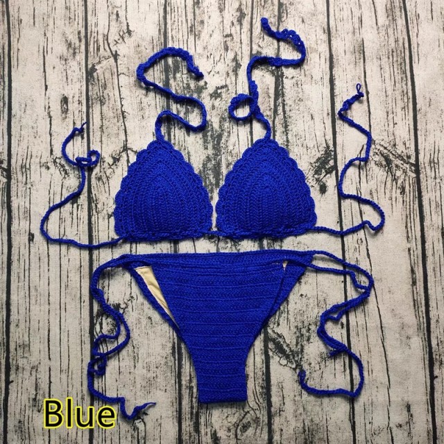 Hot spring seaside holiday style braided lace-up chest pad crochet swimming foreign trade knitted bikini set