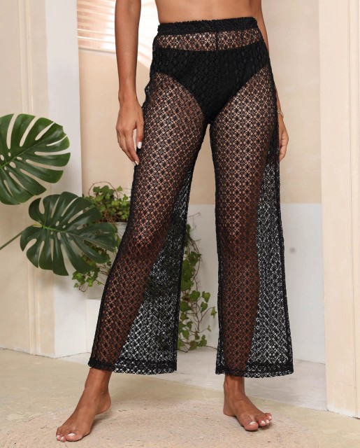 See through cutout pants Lace wide leg pants nine-point beach pants Bikini cover pants