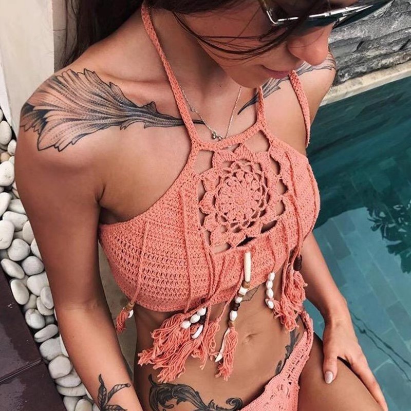 Hand-knitted fringe Boho swimsuit Sexy beach swimming top for women