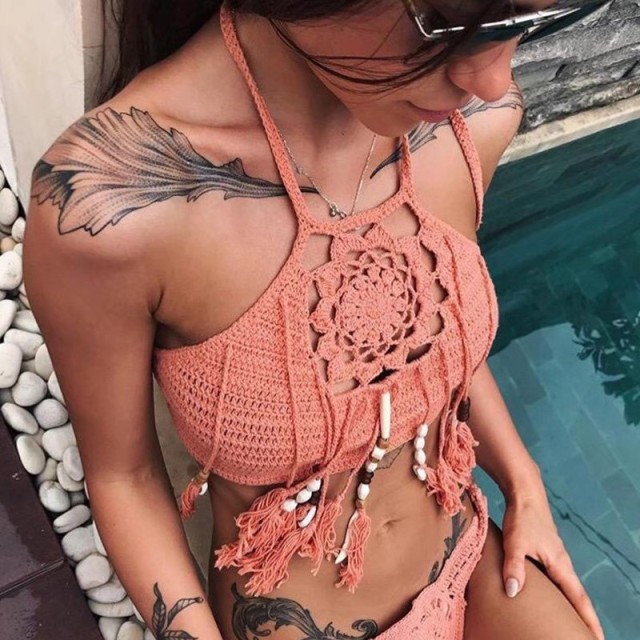 Hand-knitted fringe Boho swimsuit Sexy beach swimming top for women