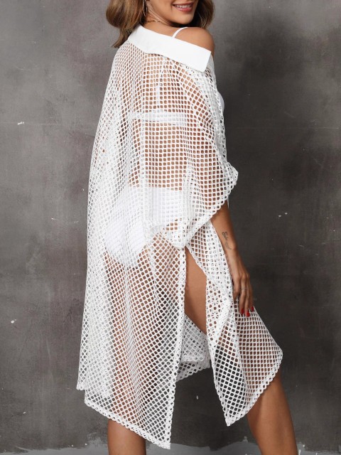 Beach smock Beach vacation Euro-American grid shirt collar loose hollow-out cardigan bikini cover skirt swimsuit smock