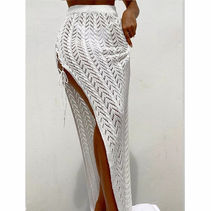 Bikini cover skirt Sexy hollow lace knit split holiday long skirt sunblock beach cover skirt