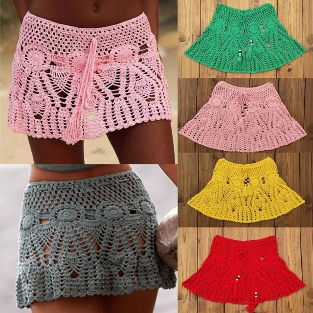 Bikini cover skirt Knitted beach skirt Beach sea holiday skirt Sexy hollow A-line skirt Swimsuit with skirt