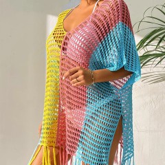 New color contrast sexy loose set head V-neck fringe hollowed out swimsuit coat smock bikini coat