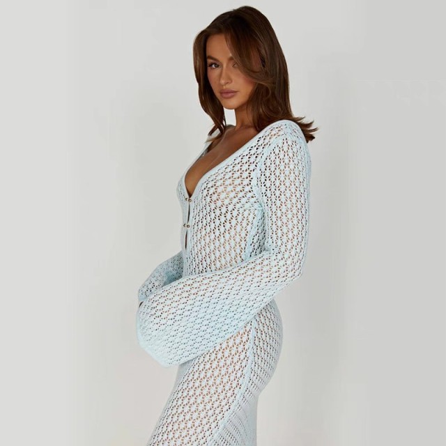 Bikini blouse Europe and the United States seaside holiday sexy knitted hollow deep V halter swimsuit with a long beach skirt