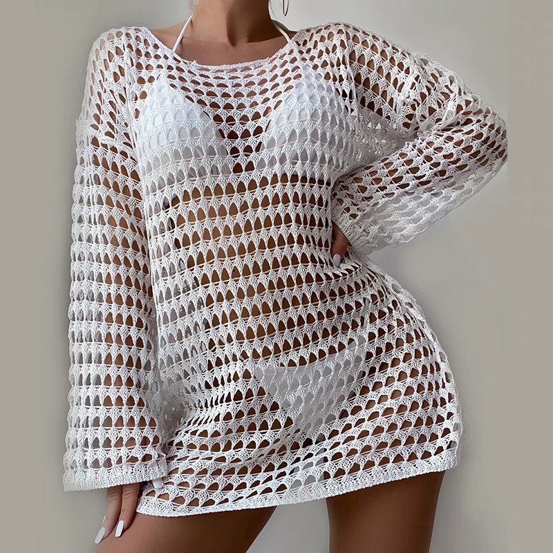 Bikini cover-up Sexy knit hollowed-out cover skirt pullover round neck sunblock long sleeve swimsuit cover skirt beach cover-up