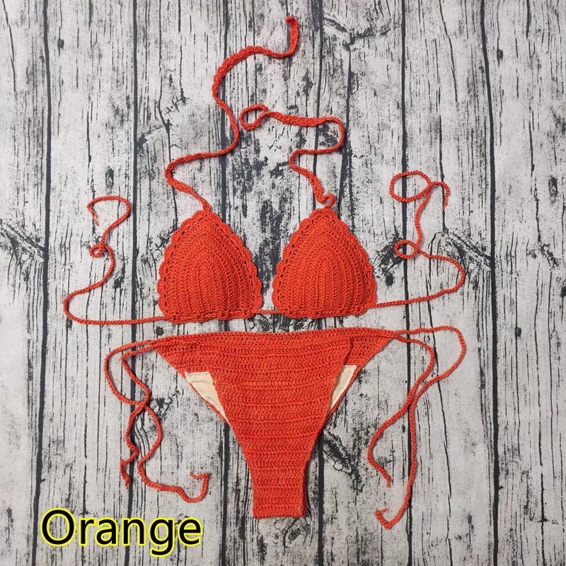 Hot spring seaside holiday style braided lace-up chest pad crochet swimming foreign trade knitted bikini set