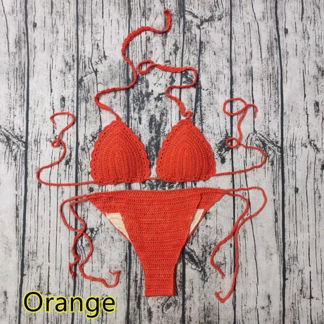 Hot spring seaside holiday style braided lace-up chest pad crochet swimming foreign trade knitted bikini set