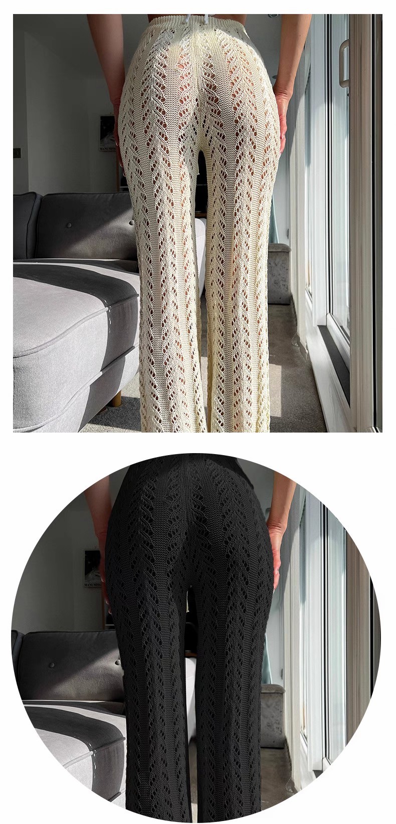 Seaside hot spring holiday women's summer dress sexy lace-up design sense hollow-out crochet knitted sunscreen straight-leg pants