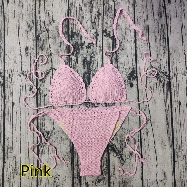 Hot spring seaside holiday style braided lace-up chest pad crochet swimming foreign trade knitted bikini set