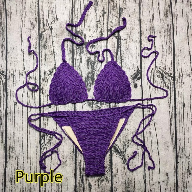 Hot spring seaside holiday style braided lace-up chest pad crochet swimming foreign trade knitted bikini set