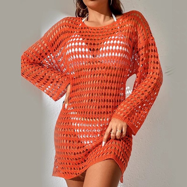 Bikini cover-up Sexy knit hollowed-out cover skirt pullover round neck sunblock long sleeve swimsuit cover skirt beach cover-up