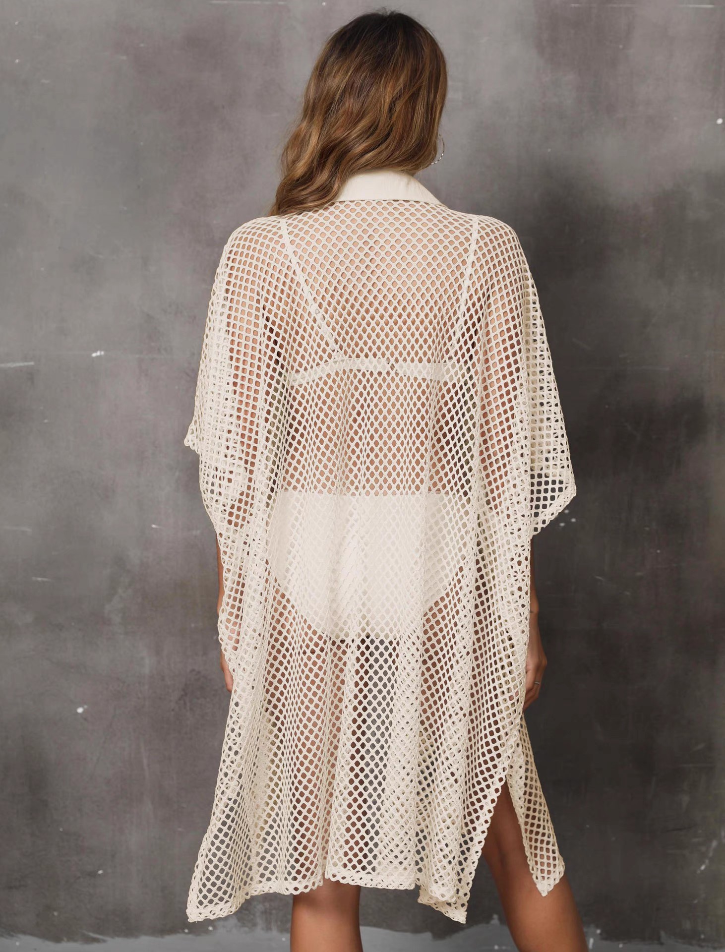 Beach smock Beach vacation Euro-American grid shirt collar loose hollow-out cardigan bikini cover skirt swimsuit smock