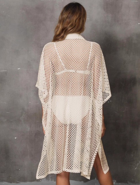 Beach smock Beach vacation Euro-American grid shirt collar loose hollow-out cardigan bikini cover skirt swimsuit smock