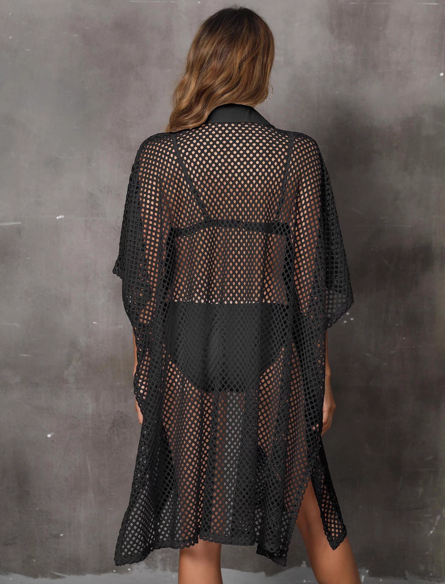 Beach smock Beach vacation Euro-American grid shirt collar loose hollow-out cardigan bikini cover skirt swimsuit smock