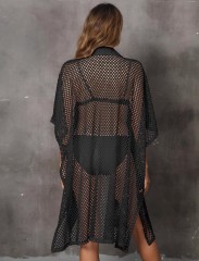 Beach smock Beach vacation Euro-American grid shirt collar loose hollow-out cardigan bikini cover skirt swimsuit smock