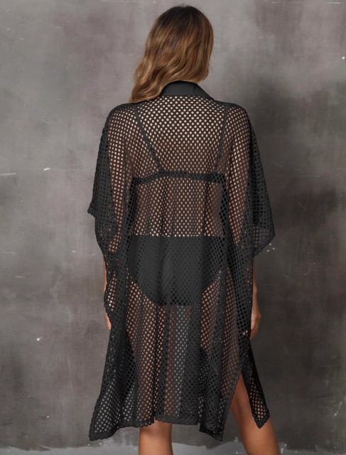 Beach smock Beach vacation Euro-American grid shirt collar loose hollow-out cardigan bikini cover skirt swimsuit smock