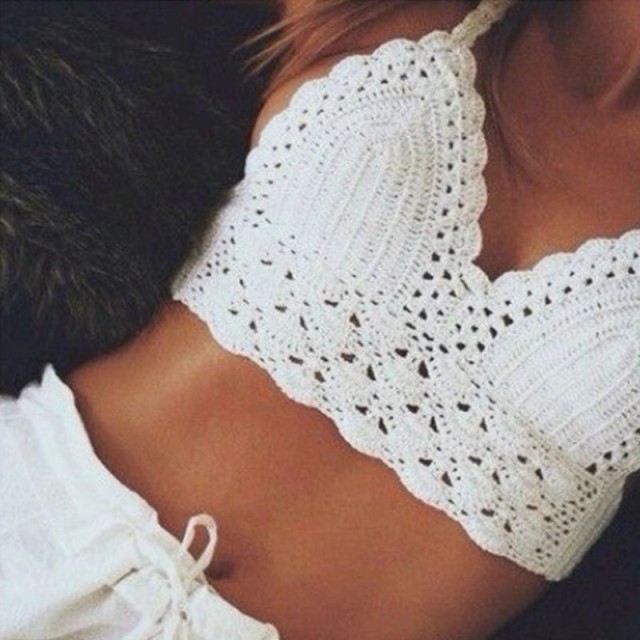 Hand Hook white knit bikini Wrap Breast women fashion vacation travel seaside spa two-piece swimsuit