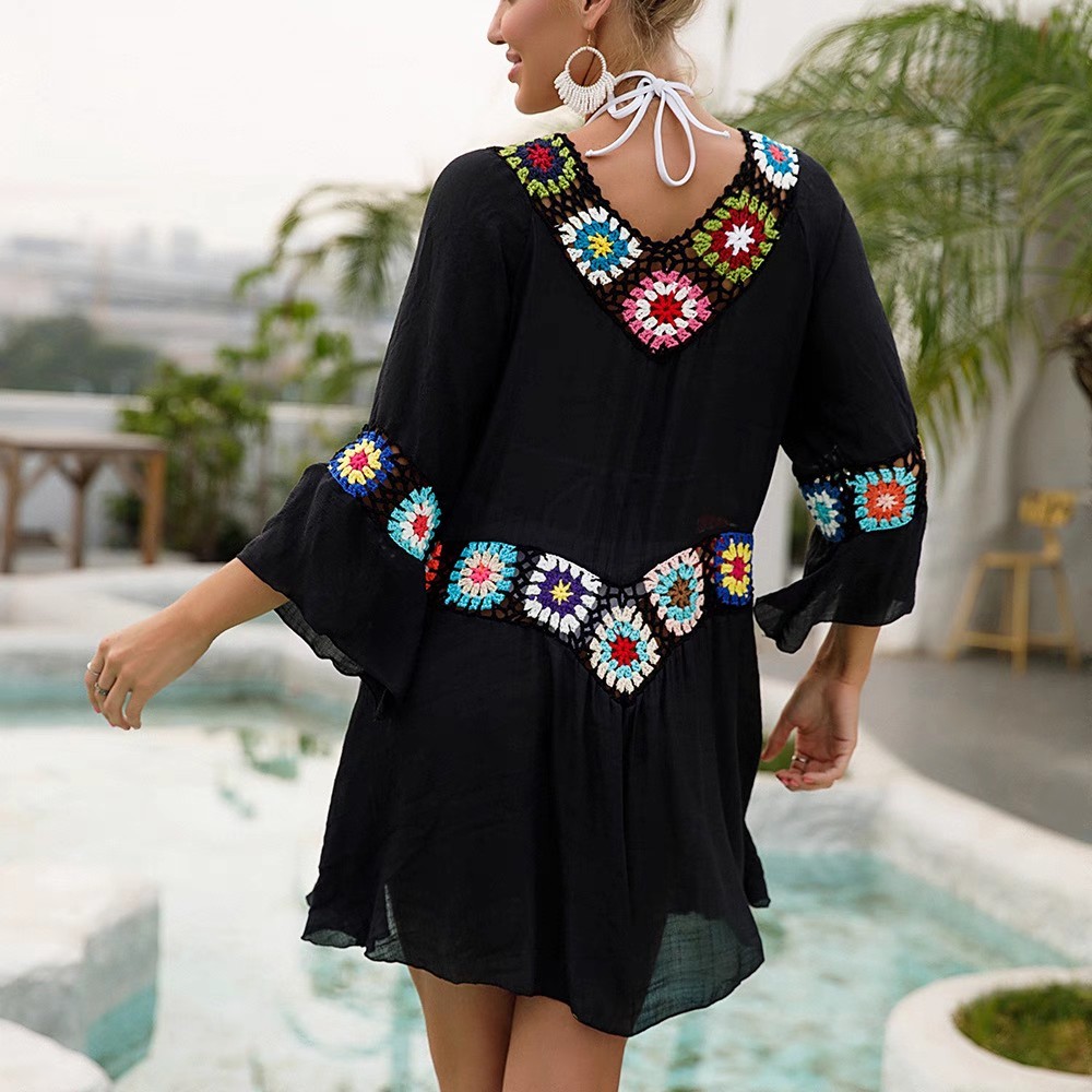 National style fashion hook flower bathing suit sun hot spring vacation mid-sleeve see-through bikini beach skirt smock