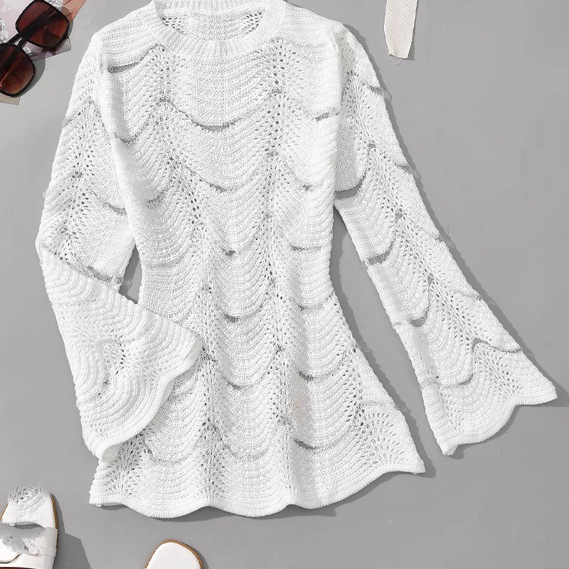 Crew-neck thin striped sexy hollow-out long sleeve sunblock knit bikini smock