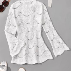 Crew-neck thin striped sexy hollow-out long sleeve sunblock knit bikini smock