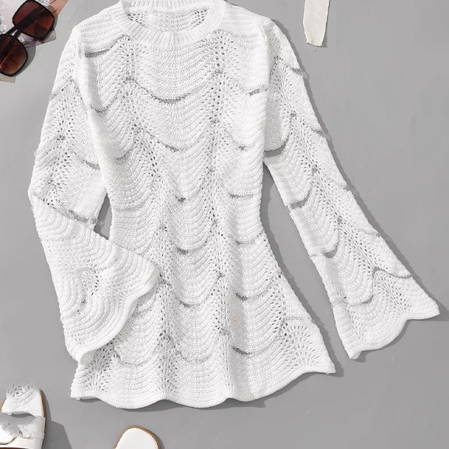 Crew-neck thin striped sexy hollow-out long sleeve sunblock knit bikini smock