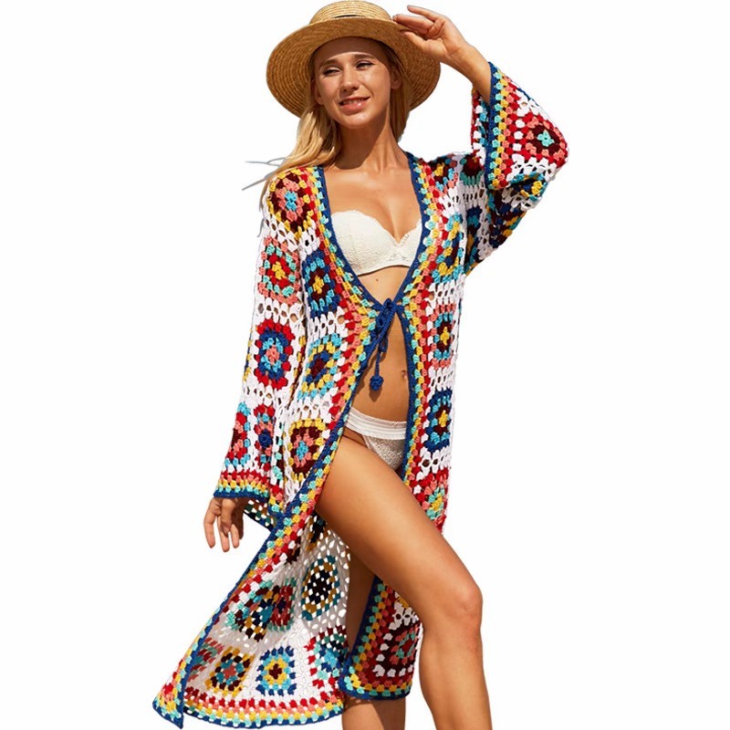 Vacation Color Long long sleeve Cardigan dress Stretch crochet beach coat Hollow party bikini smock