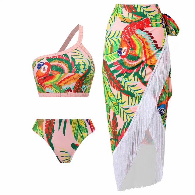 Retro split body swimwear for women conservative belly cover slimming skirt hot spring fringe beach dress set