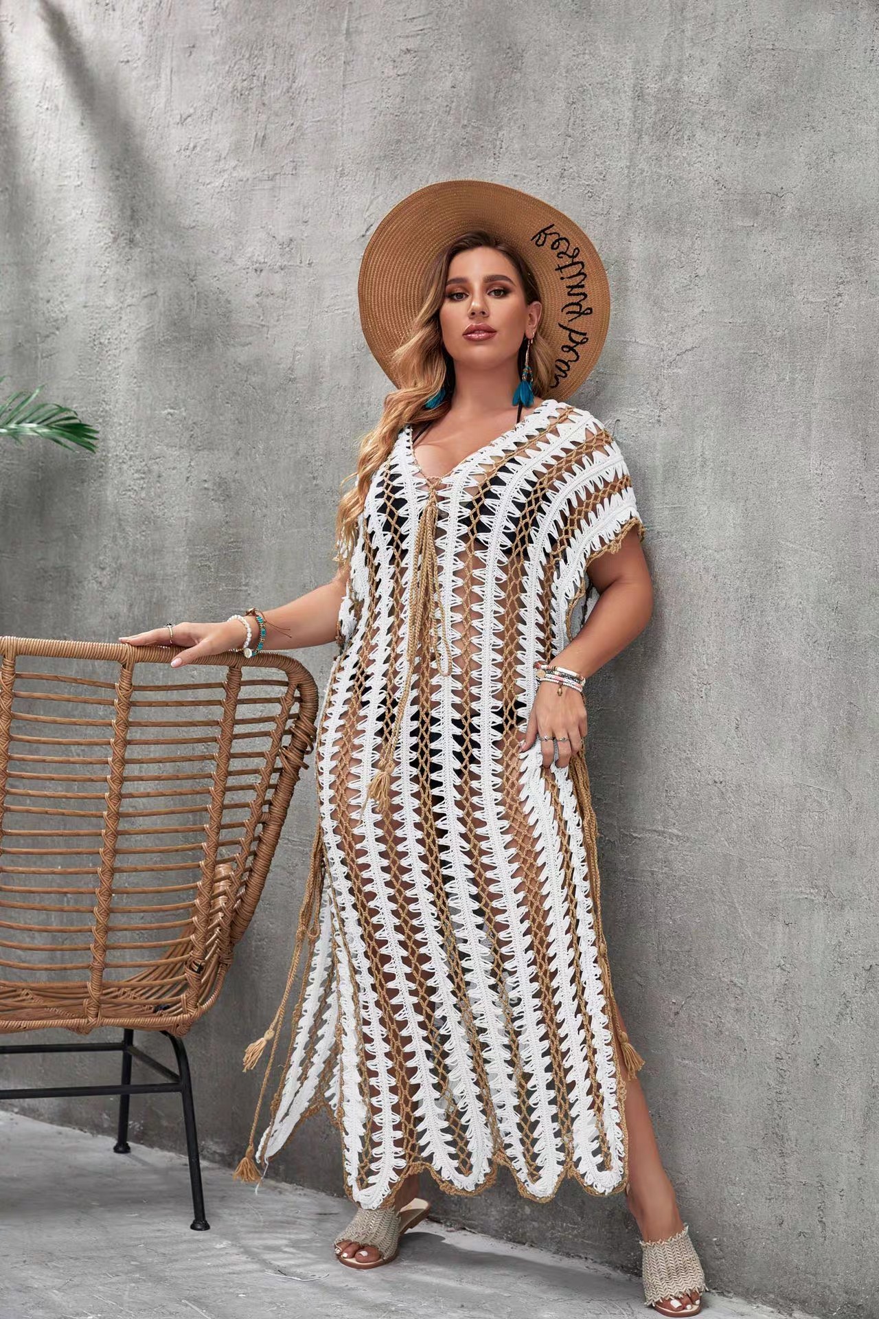Plus size new beach long dress hand hook hollow-out sexy matching color sunscreen smock knitted bikini smock