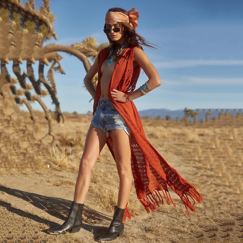 Knitted fringe beach smock sexy cardigan hollowed-out holiday long skirt bikini smock