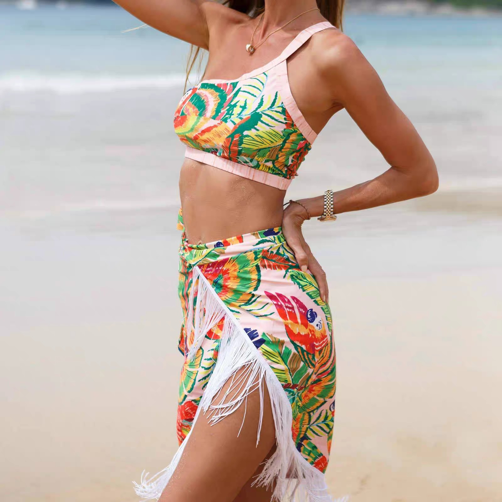 Retro split body swimwear for women conservative belly cover slimming skirt hot spring fringe beach dress set