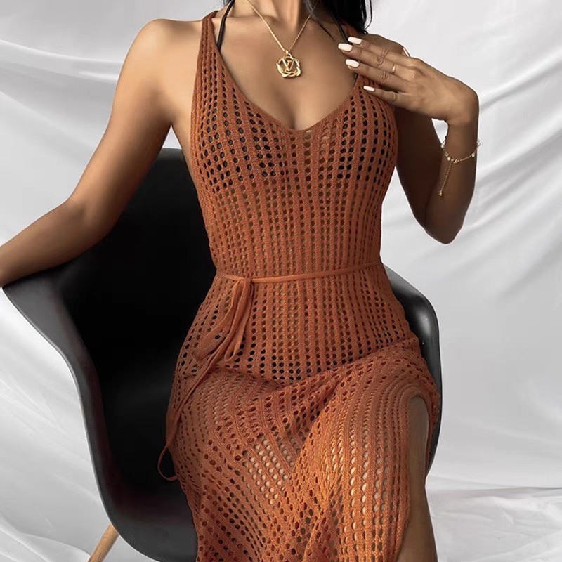 Knitted wispy backless beach smock sexy vacation dress sunblock bikini smock
