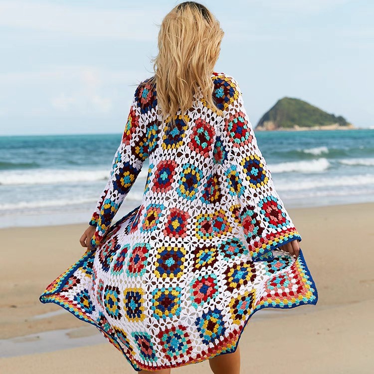 Vacation Color Long long sleeve Cardigan dress Stretch crochet beach coat Hollow party bikini smock